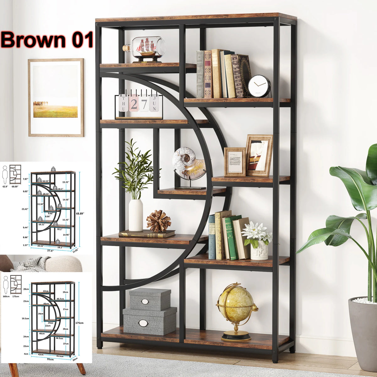 Bookshelf, 5 Tier Etagere Bookcase, Freestanding, 11.81"D x 37.4"W x 68.89"H