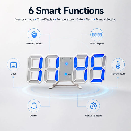 3D Design LED Digital Alarm Clock,  Wall Clock, Adjustable Brightness, 3 Colors