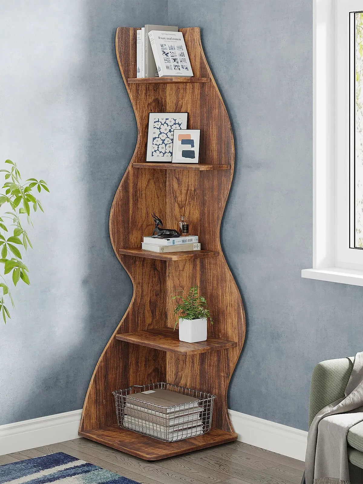 Rustic 5-Tier Corner Wooden Bookshelf, Stylish Bookcase....