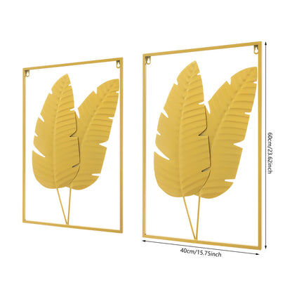 2PCS Gold Metal Leaf Wall Art Set,  Begonia Leaf, W 16 In x H 24 In with Frame