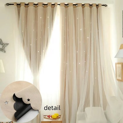 1 Color, Double Layer Curtain, Black Back, Livingroom, Bedroom, 1 or 2 Panels,5 Sizes Hollow Out Curtain, Grommet Top