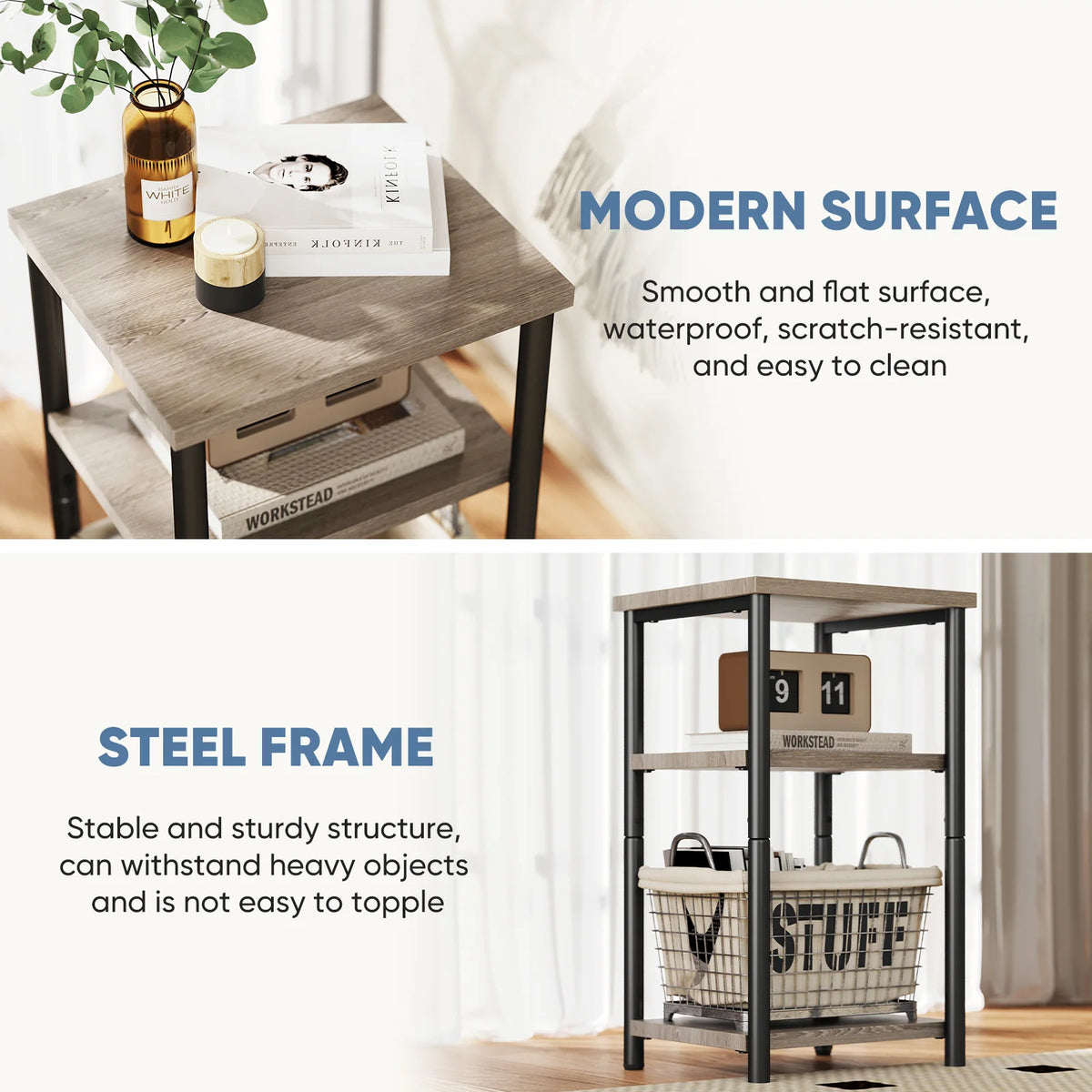 3 Tier  End Table Storage Shelf with Adjustable Feet