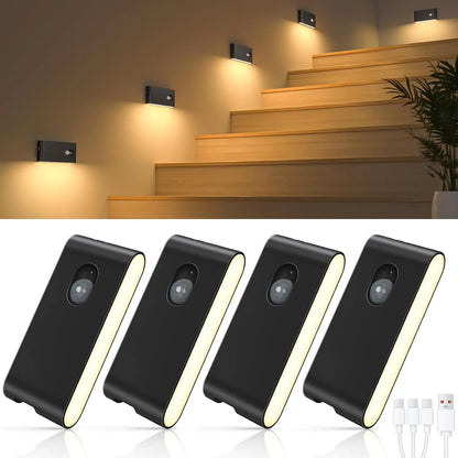 4/8 Pack Motion Sensor Wireless Stair Lights Indoor Battery USB Rechargeable Night Lights for Stairway Or Closet