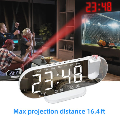 8.8 Inch Projection Alarm Clock, Mirror Display 180 Degree Rotation, Temperature USB Charging Port, White & Black.....