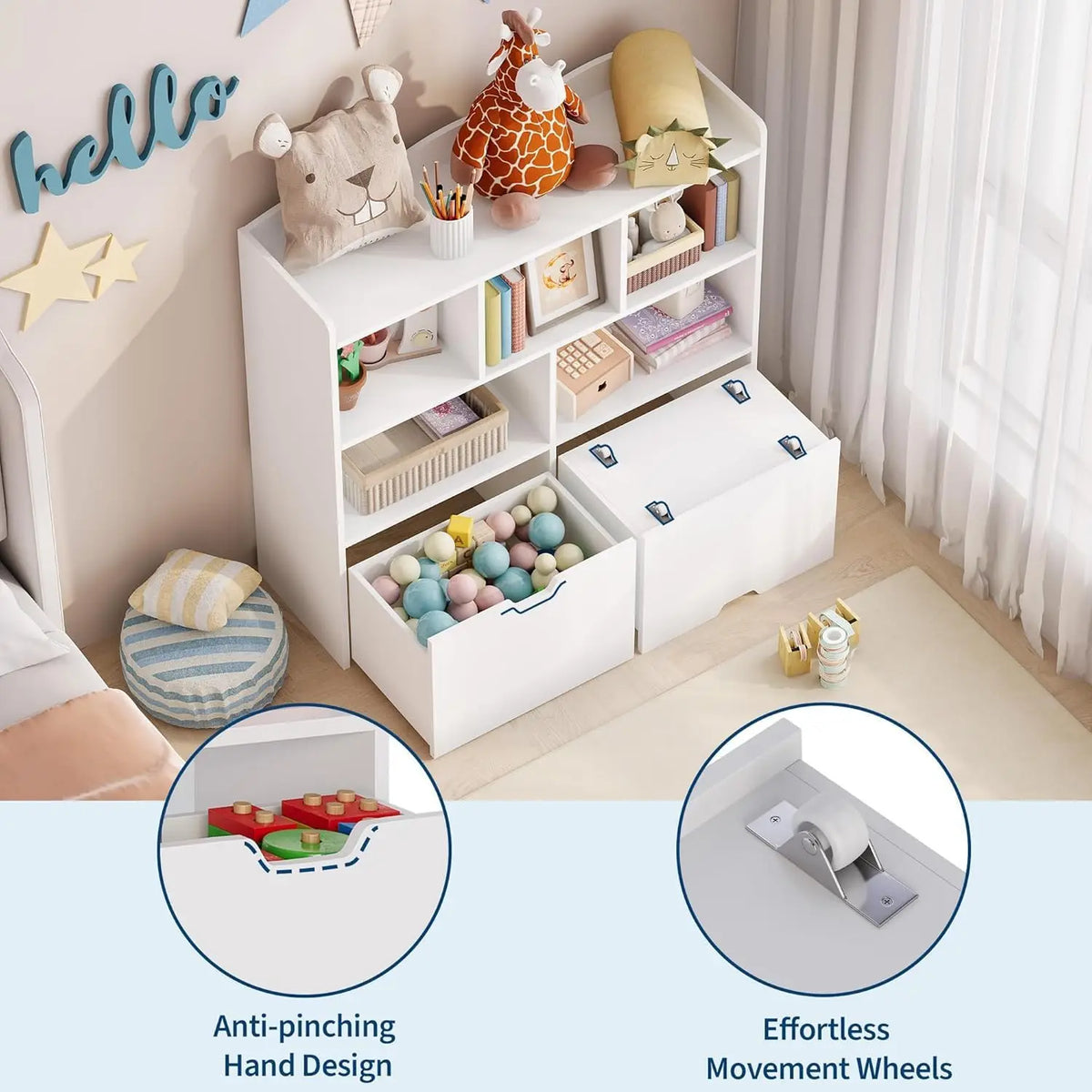 Wooden Toy Storage Organizer with Rolling Drawers, Hidden Wheels, Storage Cabinet