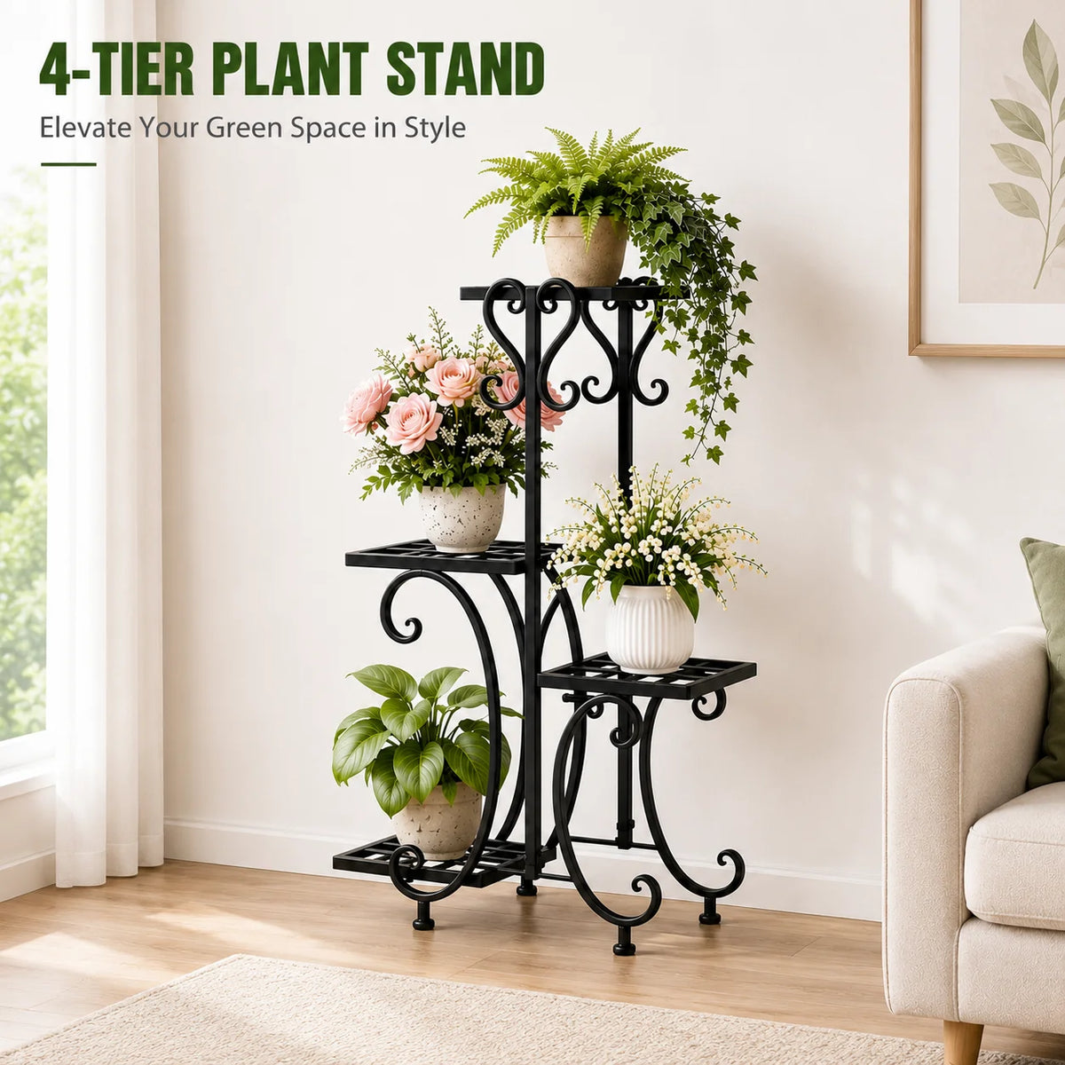 4 Tier Corner Metal Plant Stand, Flower Pot Shelf Indoor Outdoor