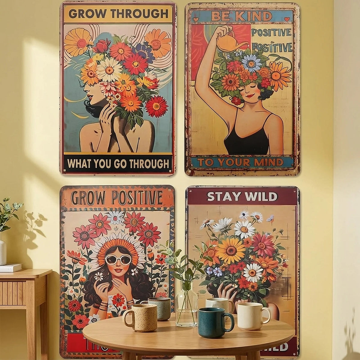 4 Piece Retro Tin Metal Sign Set, Wall Art ....