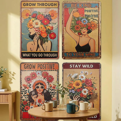 4 Piece Retro Tin Metal Sign Set, Wall Art ....