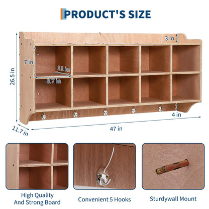 Wall Mount Kids Wooden Storage Organizer With 10 Cubbies, 5 Hooks And Top Shelf,