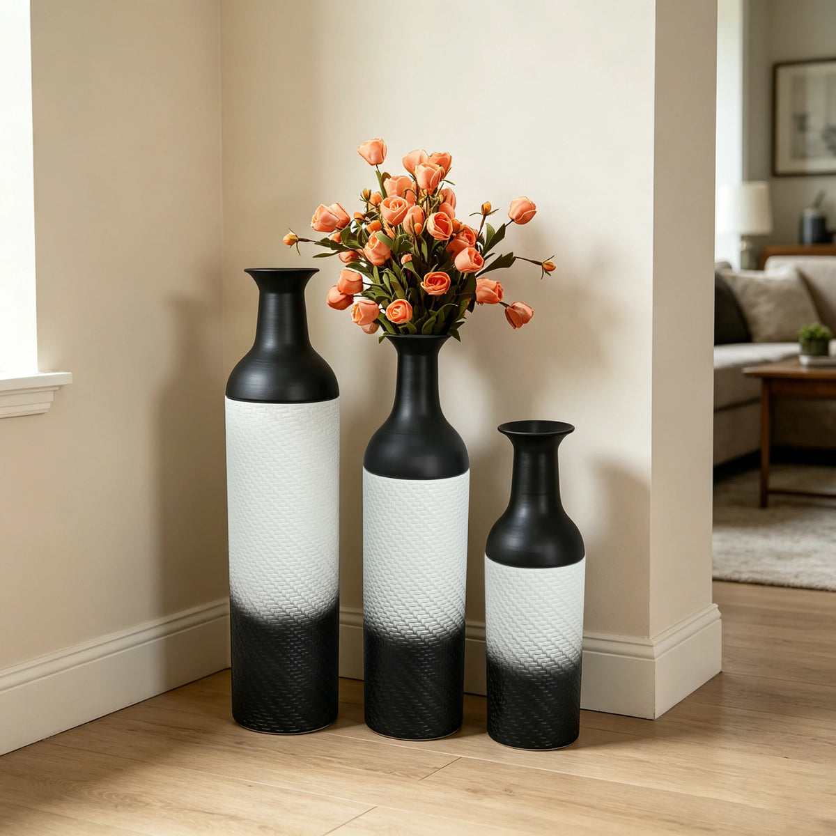 3-Tier Metal Floor Vases Set, Black & White Tall Vases....