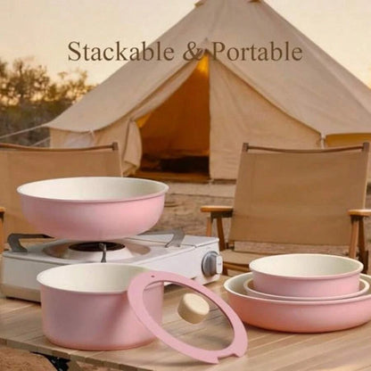 19pcs Non Stick, Cookware Set Detachable Handle, Dishwasher And Oven Safe, Pink, Black, Cream White And Sage Green....
