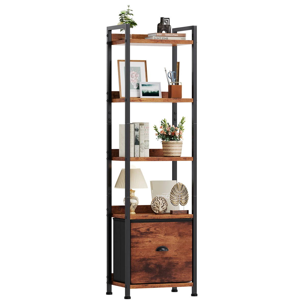 4-5 Tier Storage shelfs with Fabric Drawer Standing Book Shelf, Wood and Metal