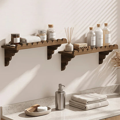 Rustic Scalloped Floating Wooden Wall Shelves Set of 2, Dark Burnt Wood Finish