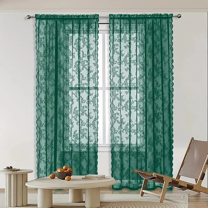 2 Panels elegant solid-color sheer curtains with wave lace trim, 3 Colors, 3 Sizes....