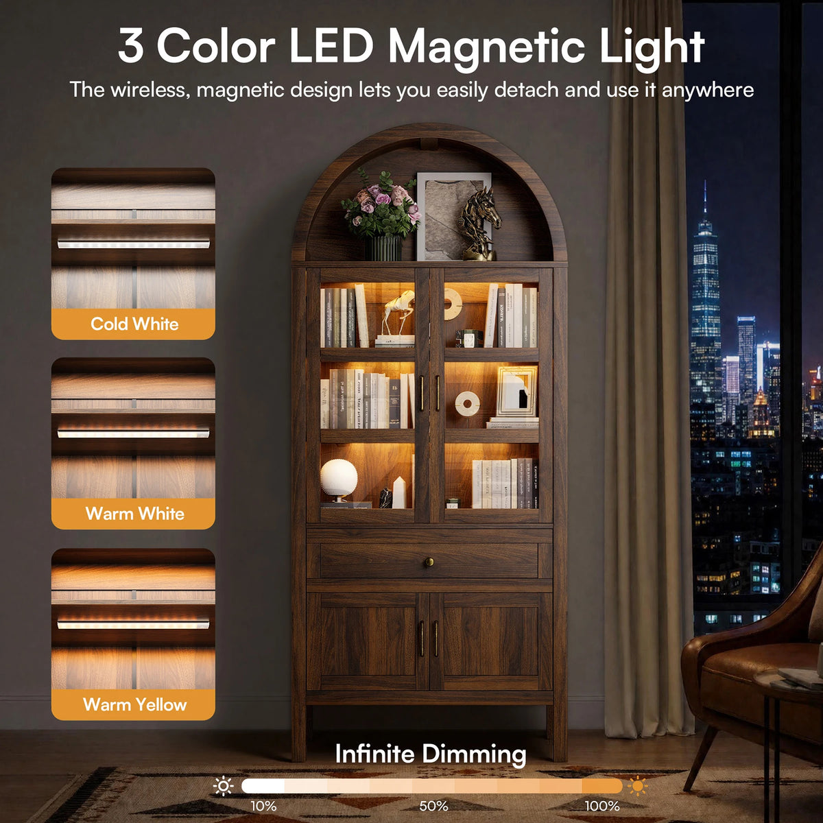 Arched Wooden Storage Cabinet,71'' H X 30.7'' W X 14.6'' D Adjustable with Dimmable LED Lights