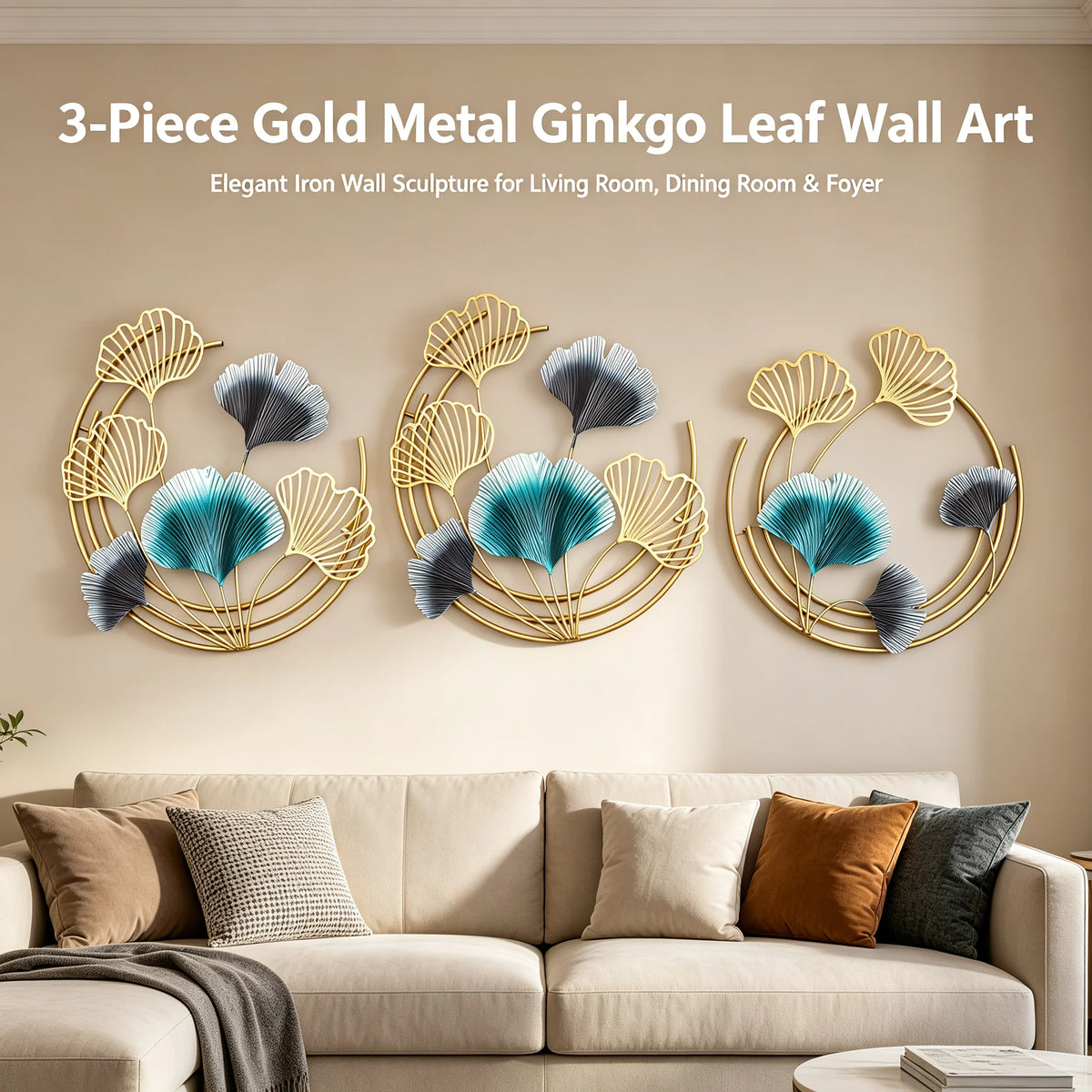 3-Piece Gold Metal Wall Art Decorations 18.9in Leaf Wall Sculptures, 3-in-1