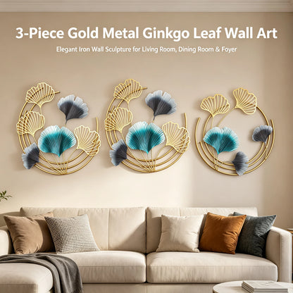 3-Piece Gold Metal Wall Art Decorations 18.9in Leaf Wall Sculptures, 3-in-1