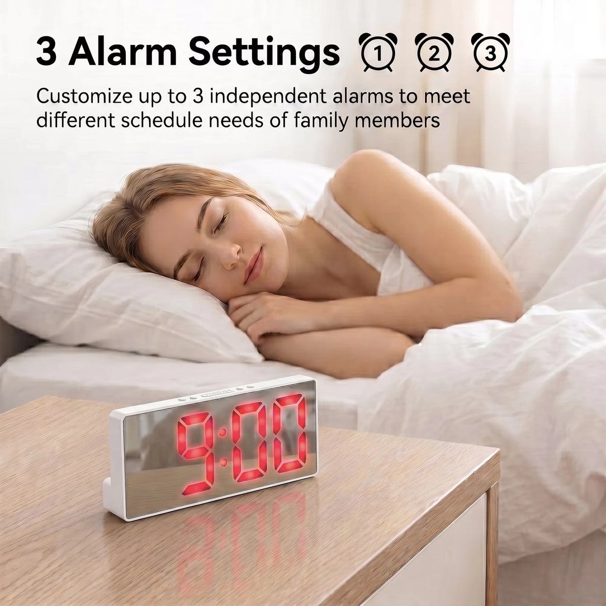 White Mirror Surface Voice Activated Alarm Clock, 3 Sets Alarms Time, Date, Temperature Cycle Display, USB Rechargeable.....