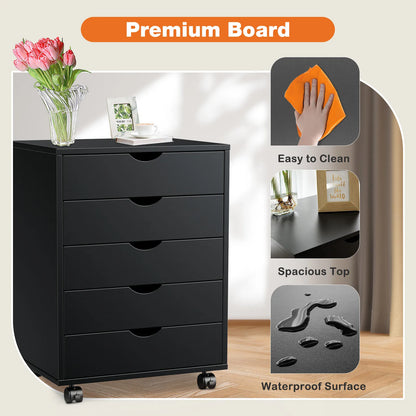 Wood Nightstand Cabinet 5 Drawers Waterproof Surface, Rotating Wheel