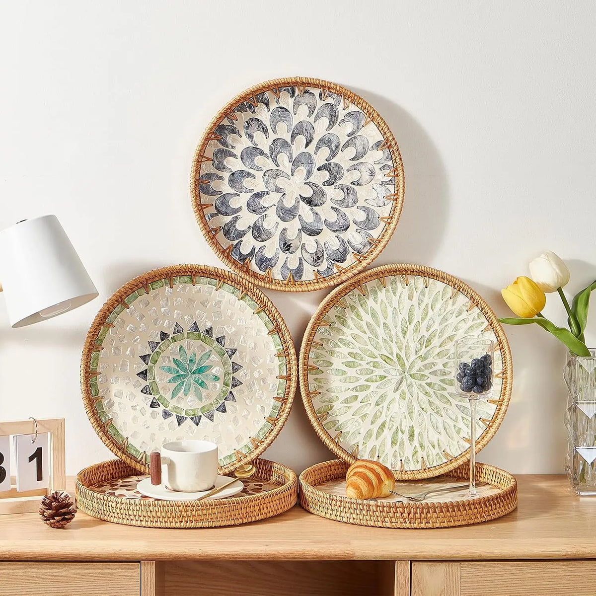 Woven Rattan Wicker Tray with Mother of Pearl Inlay With Wooden Base.....