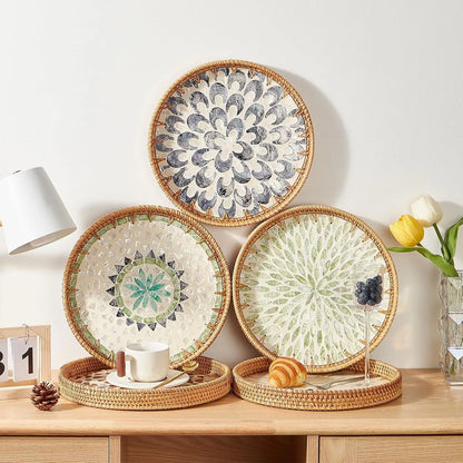 Woven Rattan Wicker Tray with Mother of Pearl Inlay With Wooden Base.....