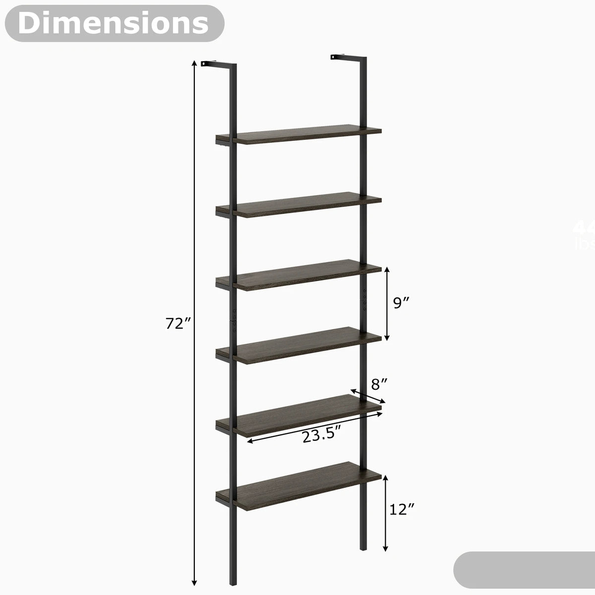 6-tier Ladder Shelf 72 Inches Wall Mounted Bookshelf Oak