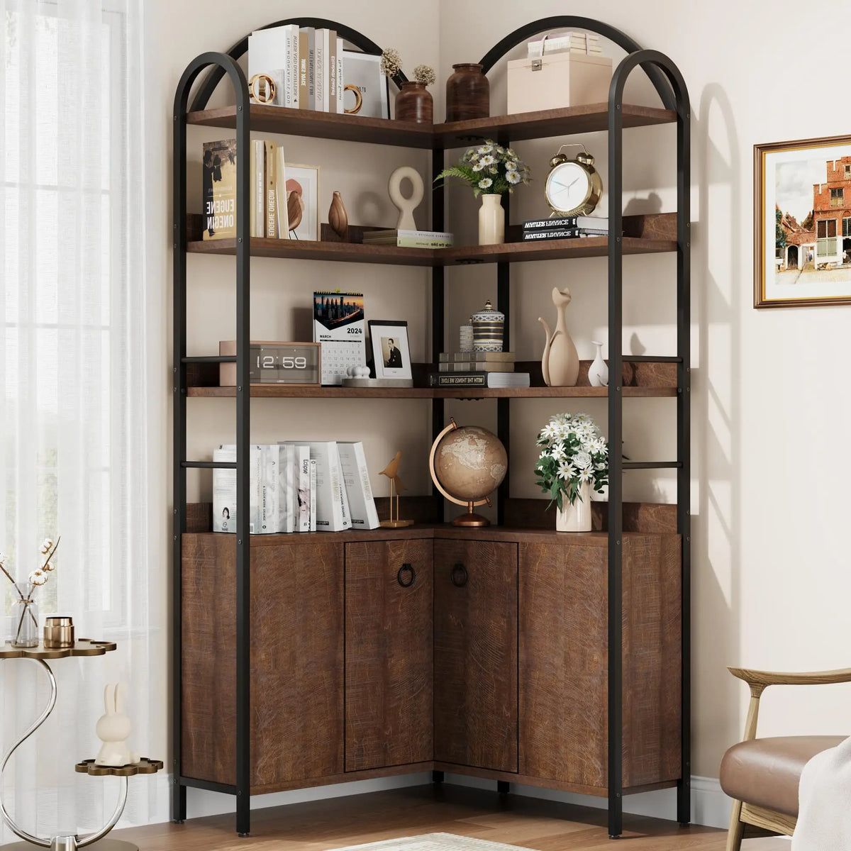 74" Tall 6-Tier Wooden Corner Shelf with Cabinet Doors - Rustic Metal & Wood Bookshelf