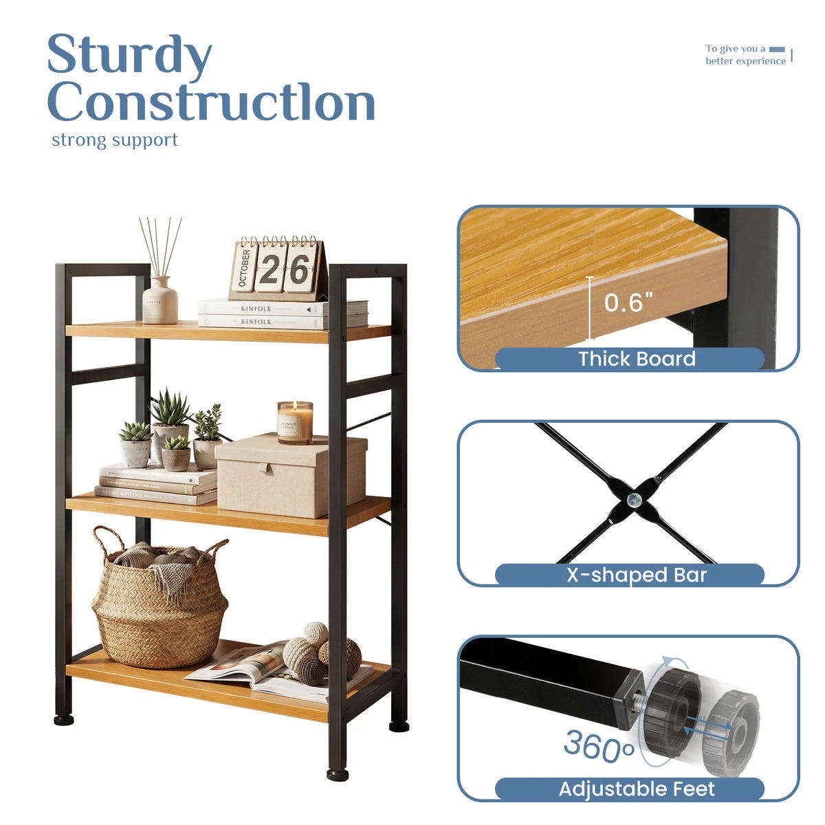 3 Tiers Wooden Bookshelf, Standing Sturdy, Adjustable Feet....