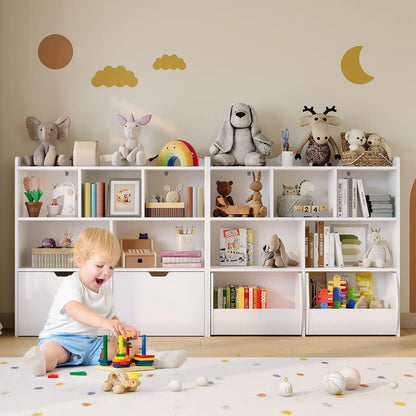 Wooden Toy Storage Organizer with Rolling Drawers, Hidden Wheels, Storage Cabinet