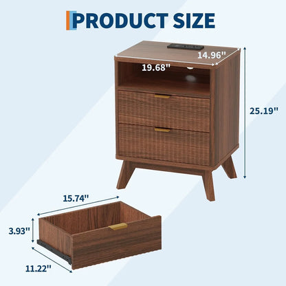 Walnut Nightstand with Drawer and Open Shelf USB Charging Station with AC Outlets