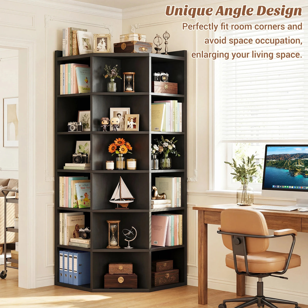 7‑Tier Corner Cube Bookshelf, Black 20"D x 28.1"W x 64.5"H
