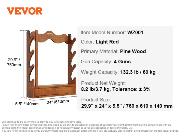 Wood Gun Rack Wall Mount  4/5Rifles Shotguns 132lbs, w/Soft Padding