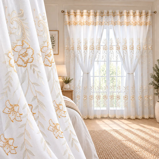 Vintage Embossed Lace Sheer Curtain, Light Filtering, White, 2 Sizes