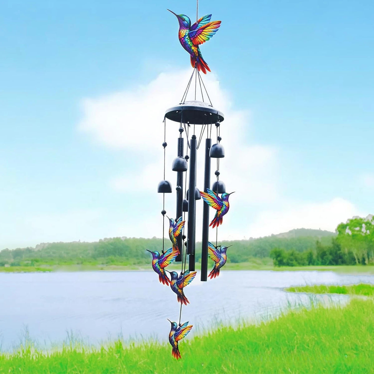 Colorful Hummingbird Wind Chimes Metal Aluminum Tube Bell, Waterproof Outdoor