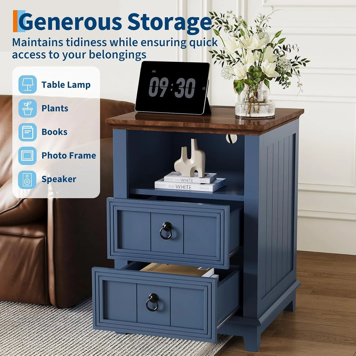 18 Inch Wood Nightstand with USB Charging Station 2 Drawer End Table, Blue