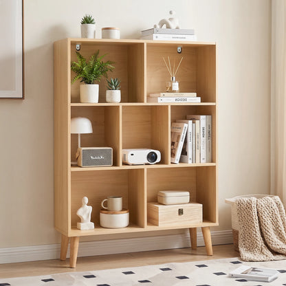 7 Cube Wooden Storage Bookshelf with Legs 3-Tier Standing