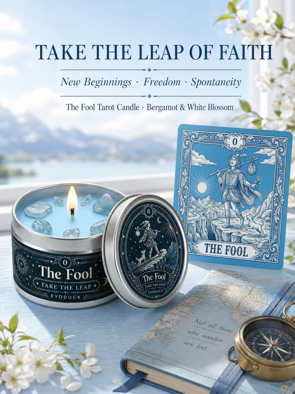 The Fool Tarot Candle, Bergamot & White Blossom Scented Candle3 Oz., with Clear Crystal Stones, Candle for Meditation, New Beginnings, 3/2/1 Sets...