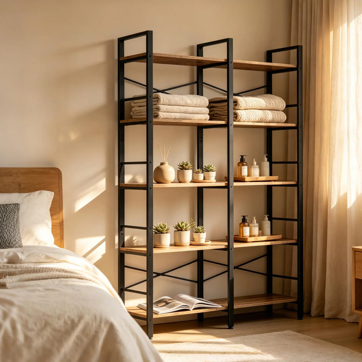 5 Tier  Vintage Wooden Shelves Metal Frame, Free Standing, Adjustable Feet, Fall Prevention.....
