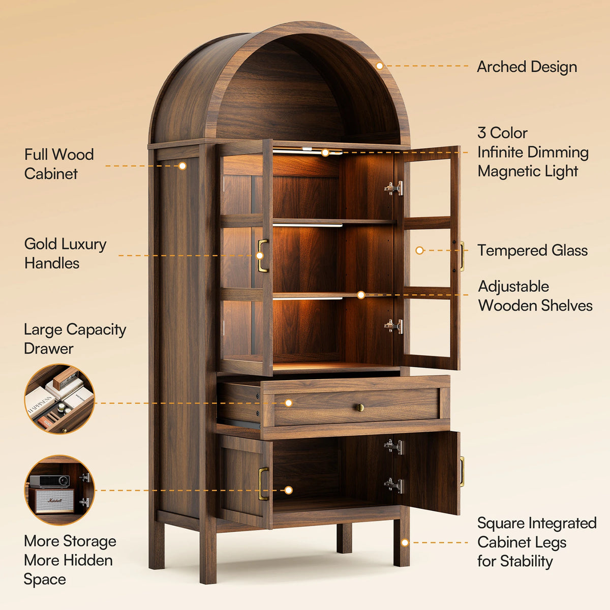 Arched Wooden Storage Cabinet,71'' H X 30.7'' W X 14.6'' D Adjustable with Dimmable LED Lights