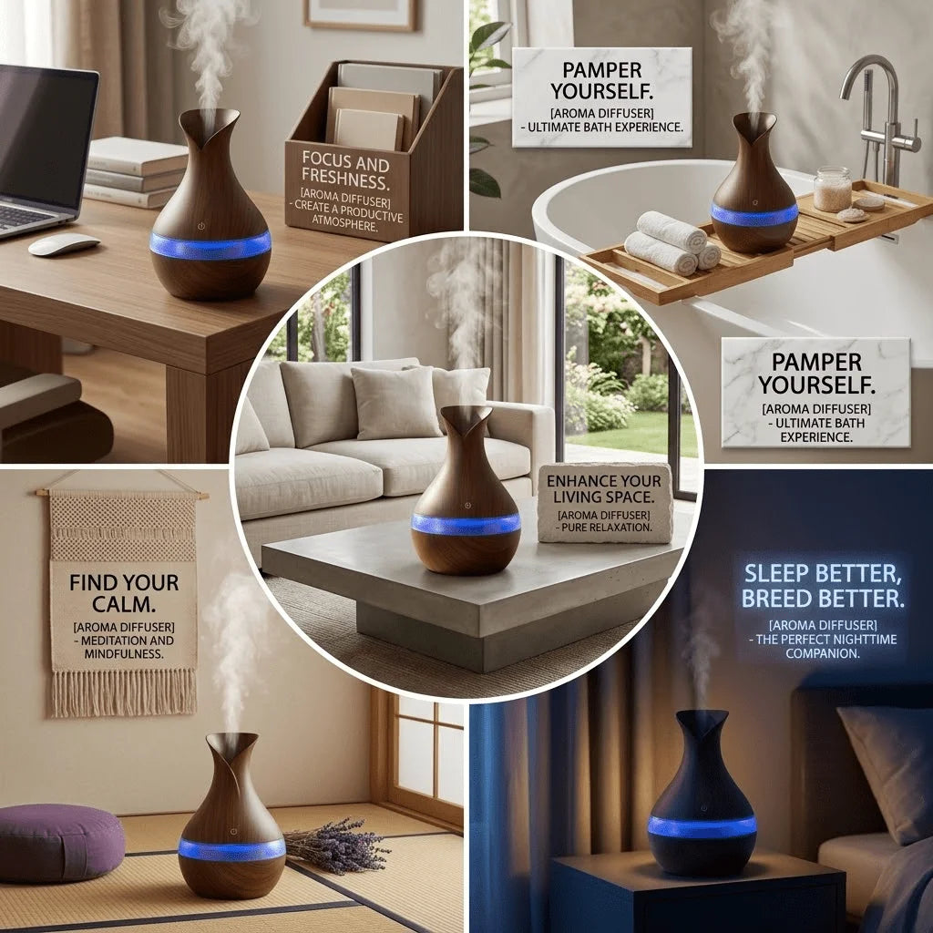 6 In Wood Grain Vase-Shaped. Humidifier, Aromatherapy for Home 7 Color LED Night Light, Auto Shut-Off, for Yoga Spa