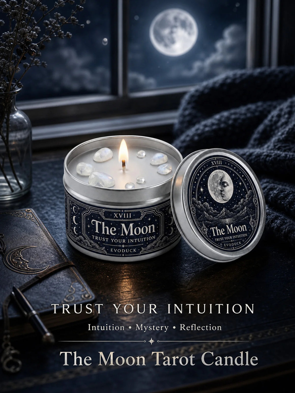 The Moon Tarot Scented Candle with White Crystal Stones, Trust our Intuition, Candle for Meditation, Comes In 1/2/3 Sets.....