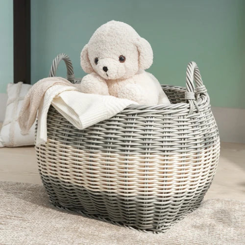 Resin Woven Wicker Storage Basket with Handles,18" x 15" x 11.4"White-Gray...