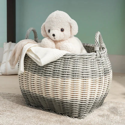Resin Woven Wicker Storage Basket with Handles,18" x 15" x 11.4"White-Gray...