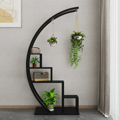 Pack of 2, 5 Tier Metal Plant Stand, Half Round Wooden Plant Rack with Hanging Hooks,(Black)