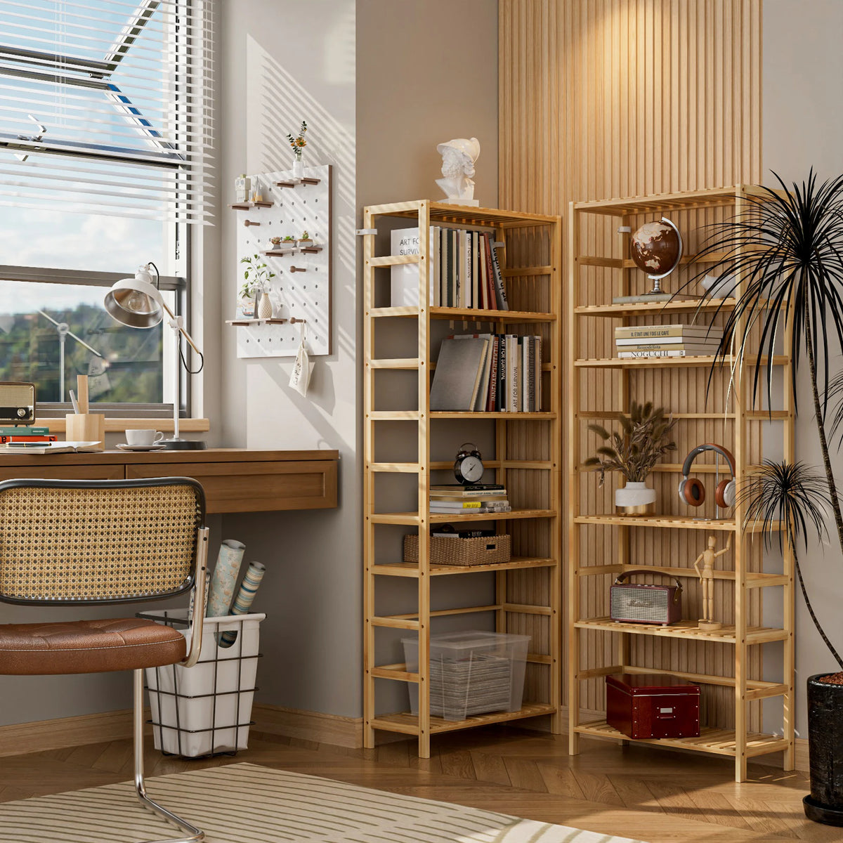 6 Tier Wooden Bookshelf with Adjustable Shelves Free Standing And Wall Mount Natural Bamboo