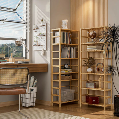 6 Tier Wooden Bookshelf with Adjustable Shelves Free Standing And Wall Mount Natural Bamboo