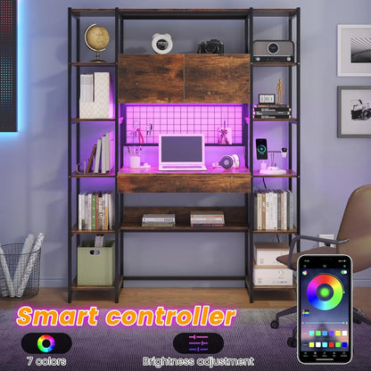 5 Tiers Rustic Engineered Wooden Bookshelf with Home Office Desk and RGB Lights and Power Outlet, 71.1" Tall