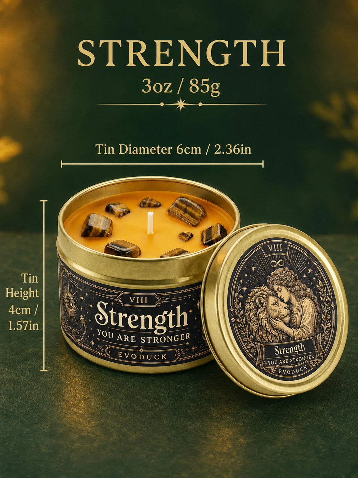 Strength Tarot Candle, Cedarwood Bergamot Scented .Tiger Eye Cristal. 1/2/3 Sets, for Meditation, Courage Confidence, 3 Oz.....