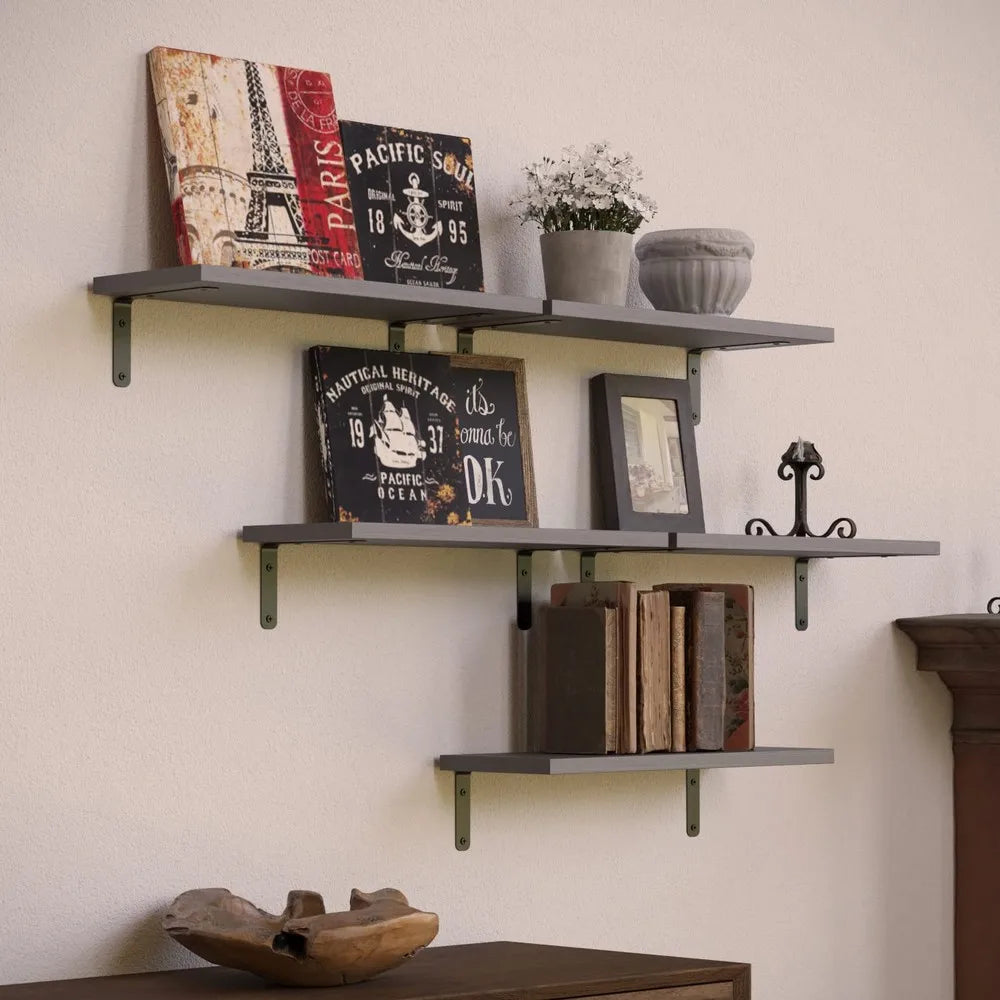 Set of 5 Rustic Floating Wooden Wall Shelves, Anti-Fall Metal Guardrail....