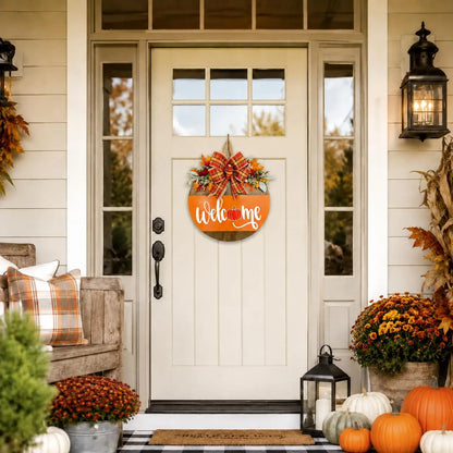 Front Door, Wooden Welcome Hanger with Pumpkin Design